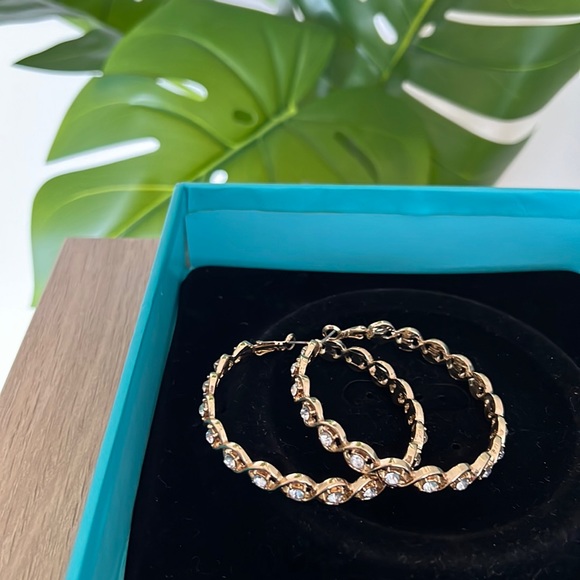 Gold Rhinestone Y2K Glitzy Holiday Festive Infinity Design Large Hoop Earrings - Picture 3 of 3